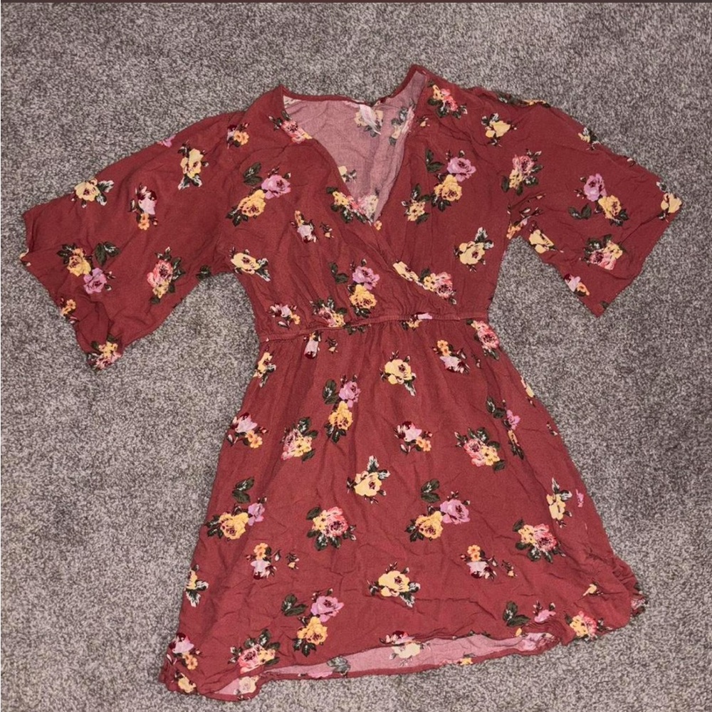 Xhilaration Rust Floral Wrap Dress with Flutter Sleeves